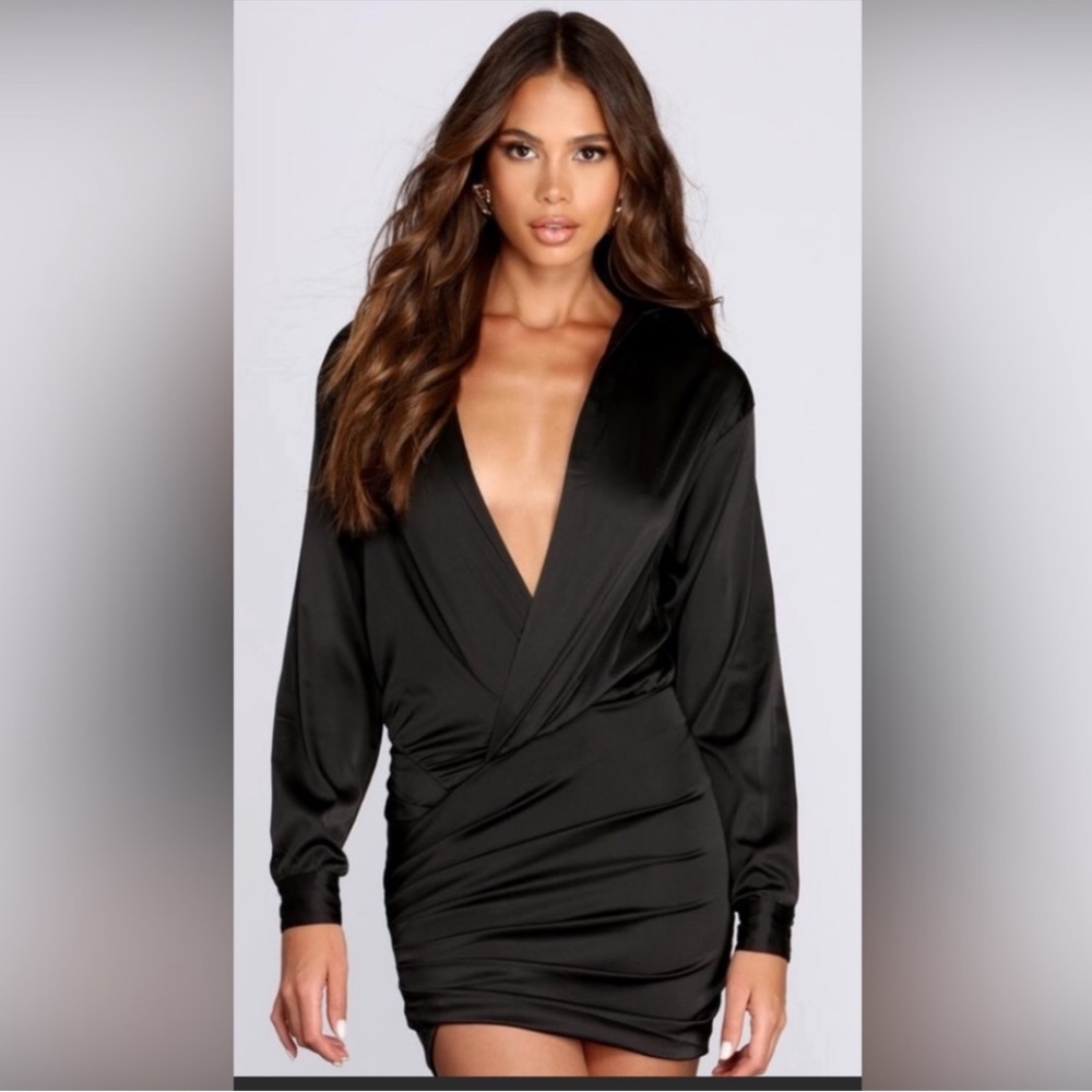 Mable black silky sexy short dress ling sleeved with gold buttons size med NWT